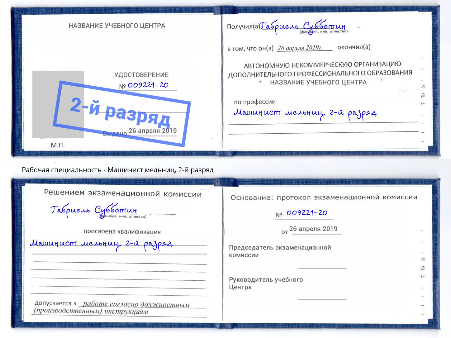 корочка 2-й разряд Машинист мельниц Чайковский
