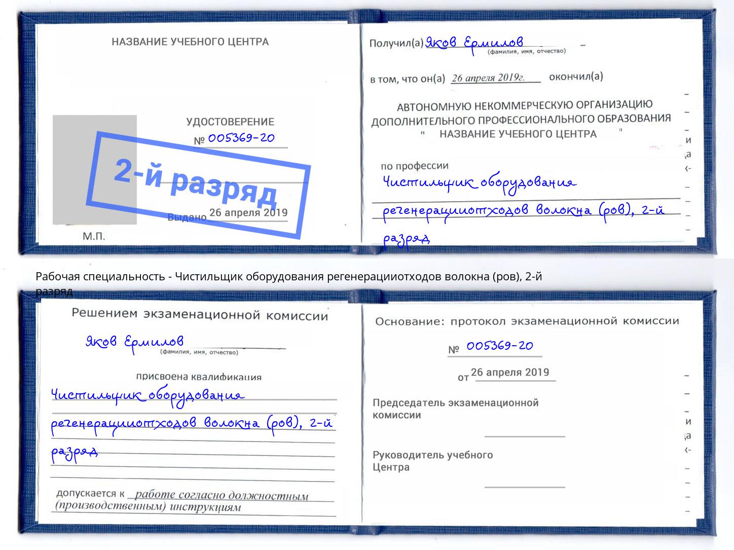 корочка 2-й разряд Чистильщик оборудования регенерацииотходов волокна (ров) Чайковский