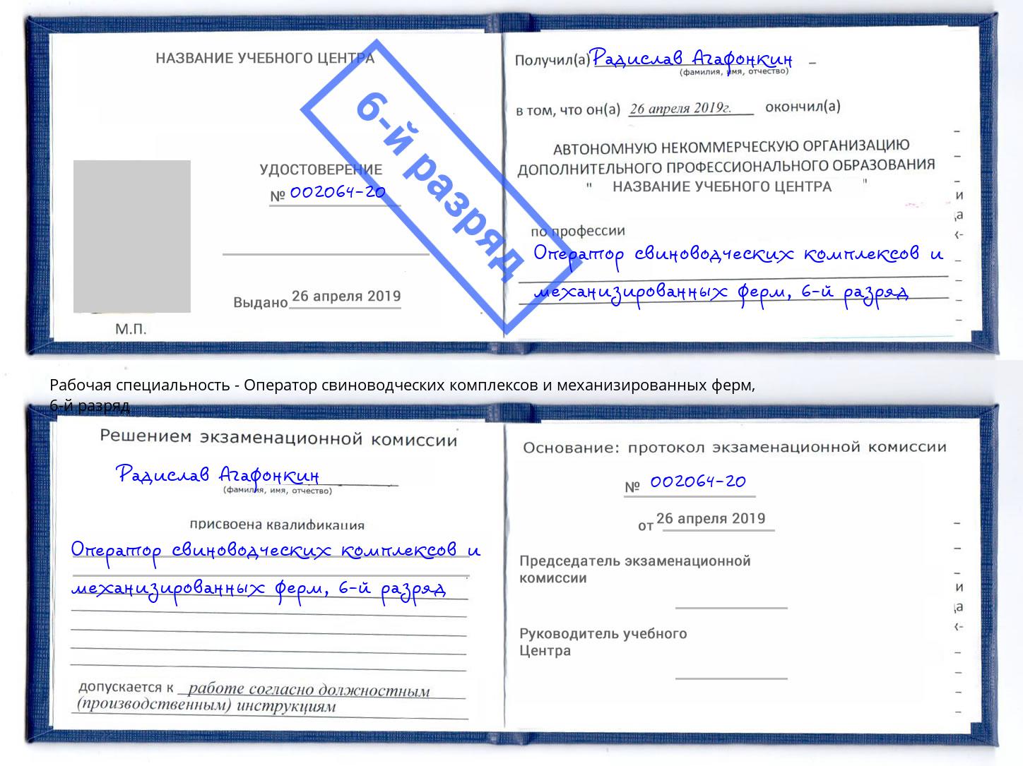 корочка 6-й разряд Оператор свиноводческих комплексов и механизированных ферм Чайковский