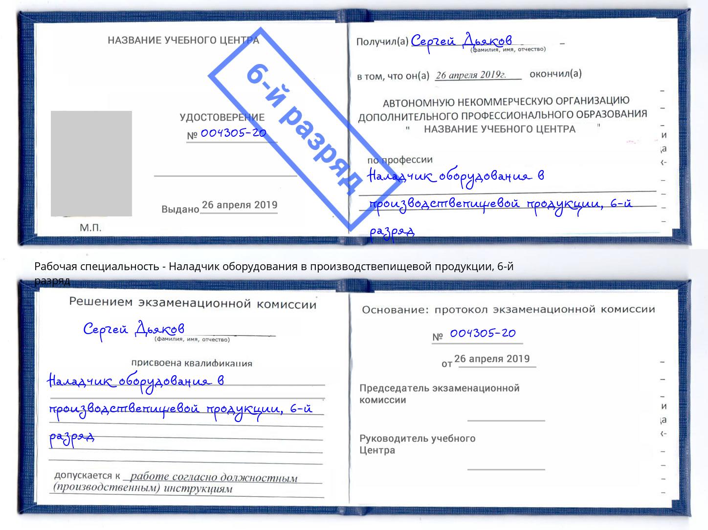 корочка 6-й разряд Наладчик оборудования в производствепищевой продукции Чайковский