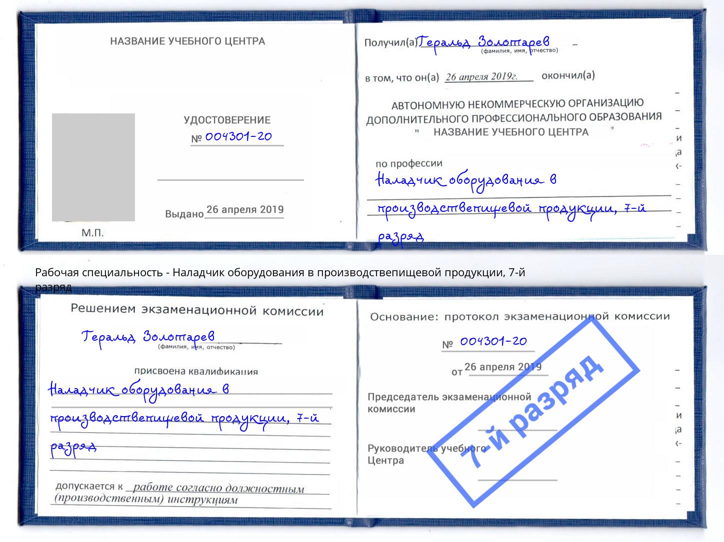 корочка 7-й разряд Наладчик оборудования в производствепищевой продукции Чайковский