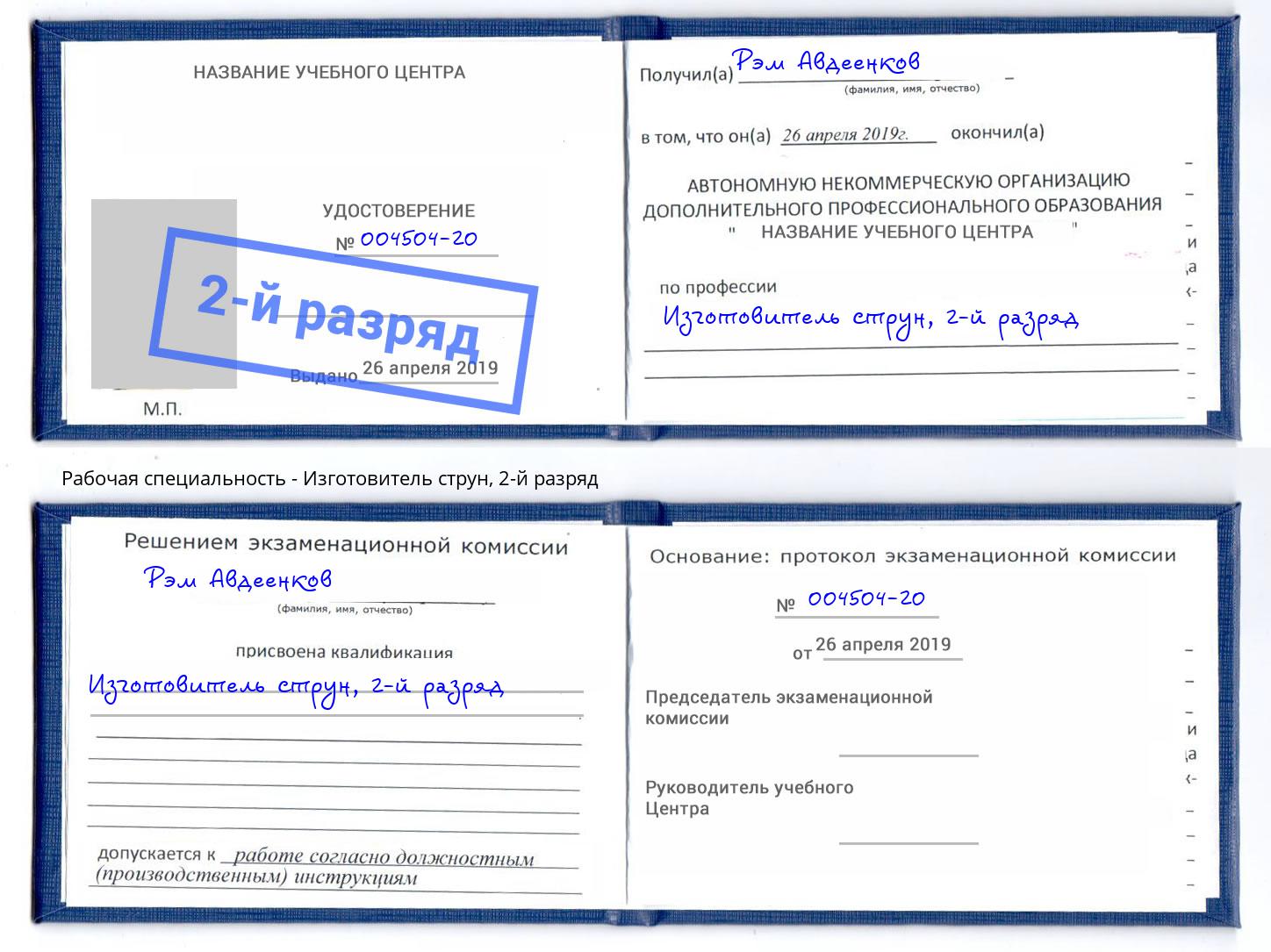 корочка 2-й разряд Изготовитель струн Чайковский
