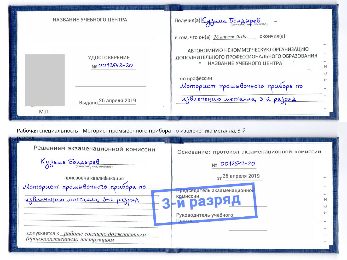 корочка 3-й разряд Моторист промывочного прибора по извлечению металла Чайковский