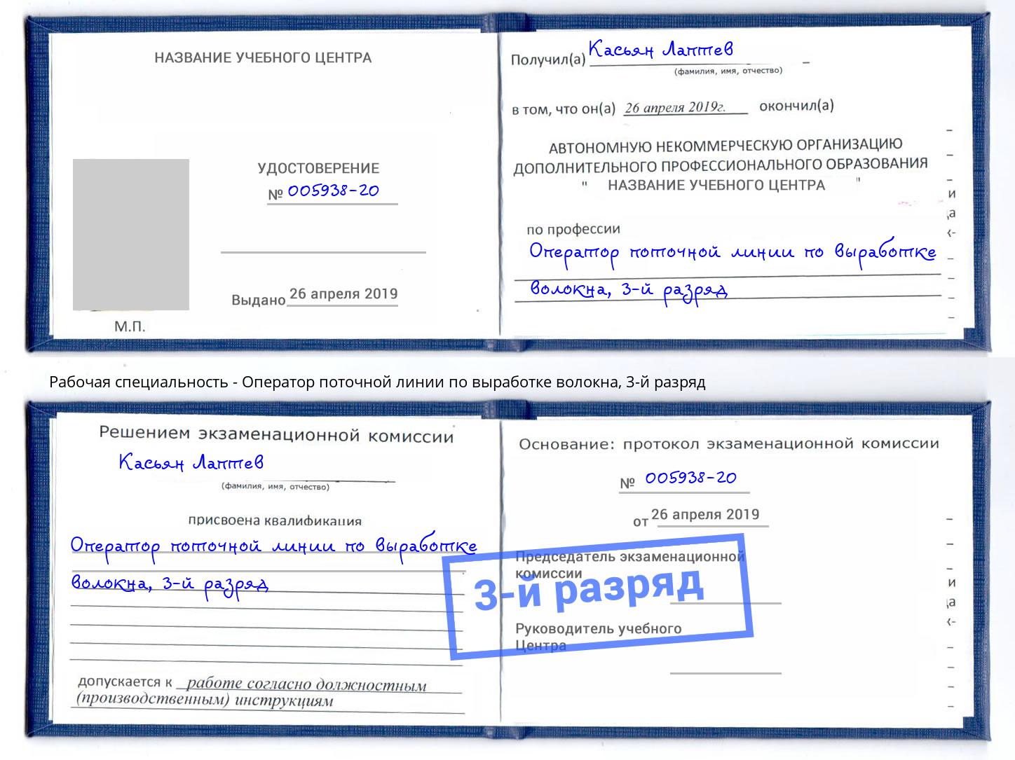 корочка 3-й разряд Оператор поточной линии по выработке волокна Чайковский