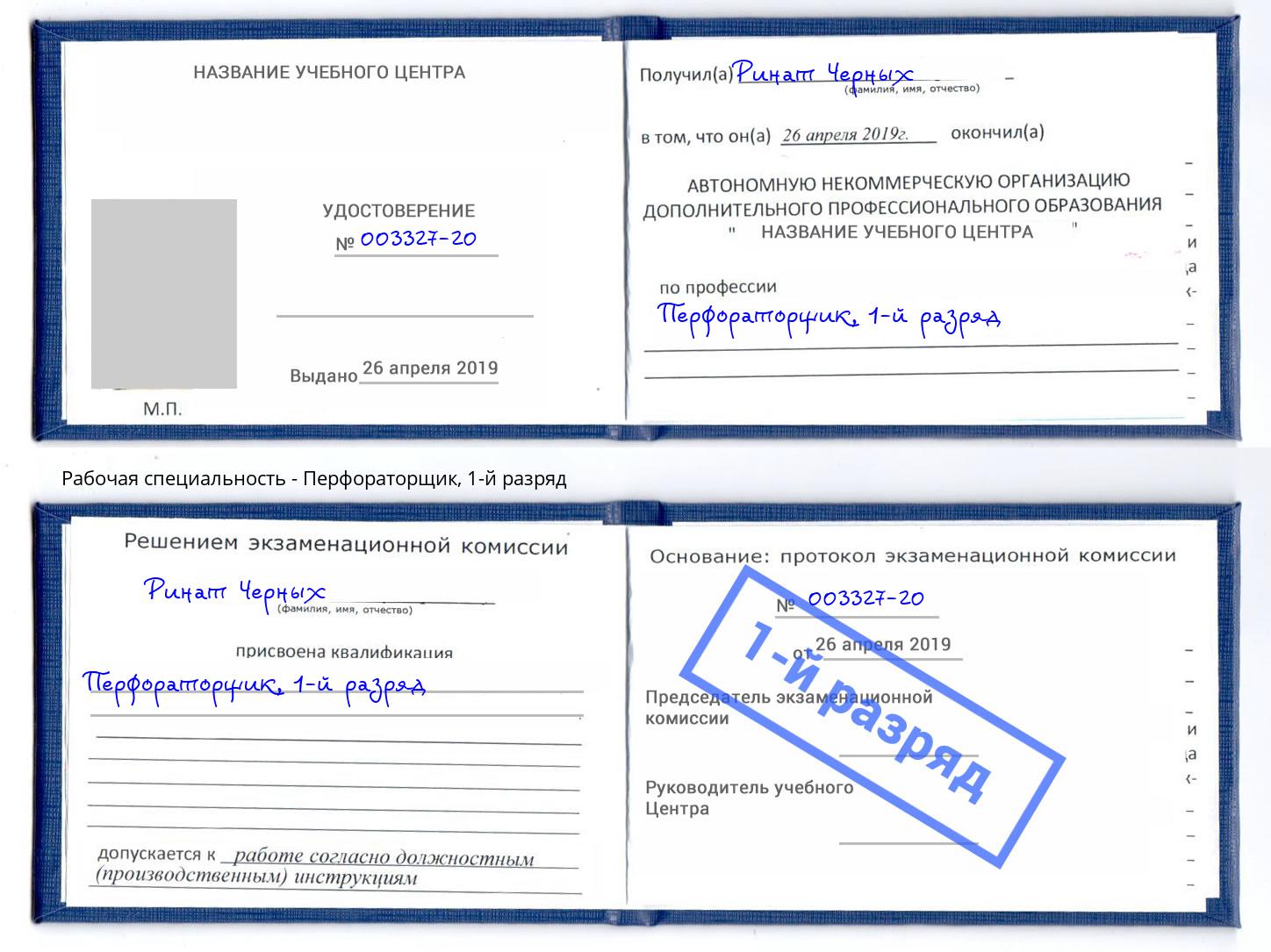 корочка 1-й разряд Перфораторщик Чайковский